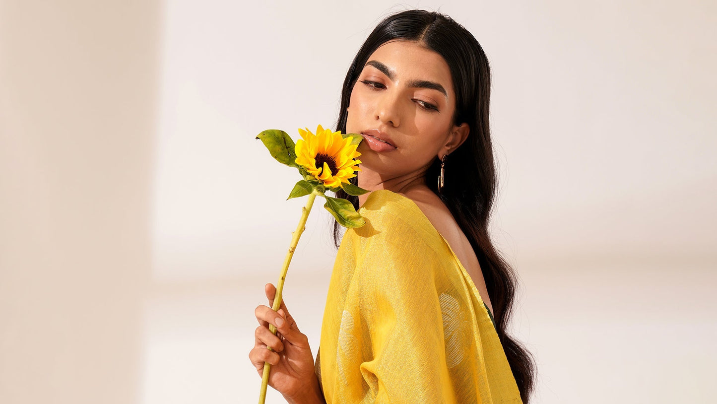 Neem Tissue Linen Silk Saree in Yellow | With Blouse Piece