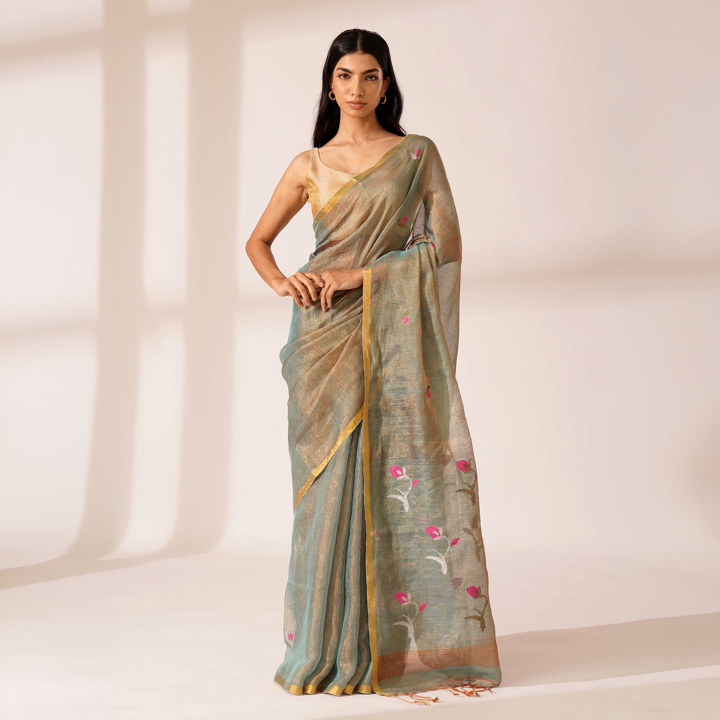 Baag Tissue Linen Silk Saree in Sage Green | With Blouse Piece