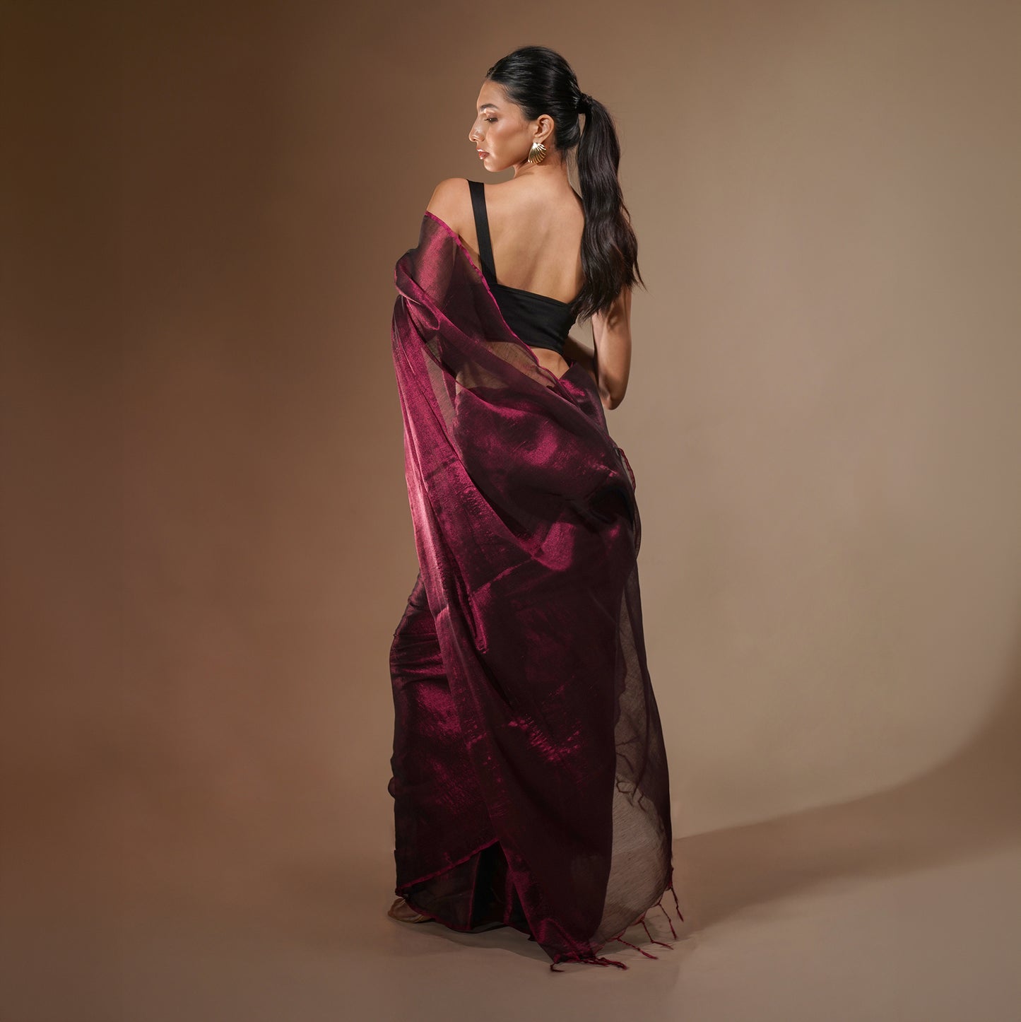 Merlot Tissue Cotton Saree in Deep Wine