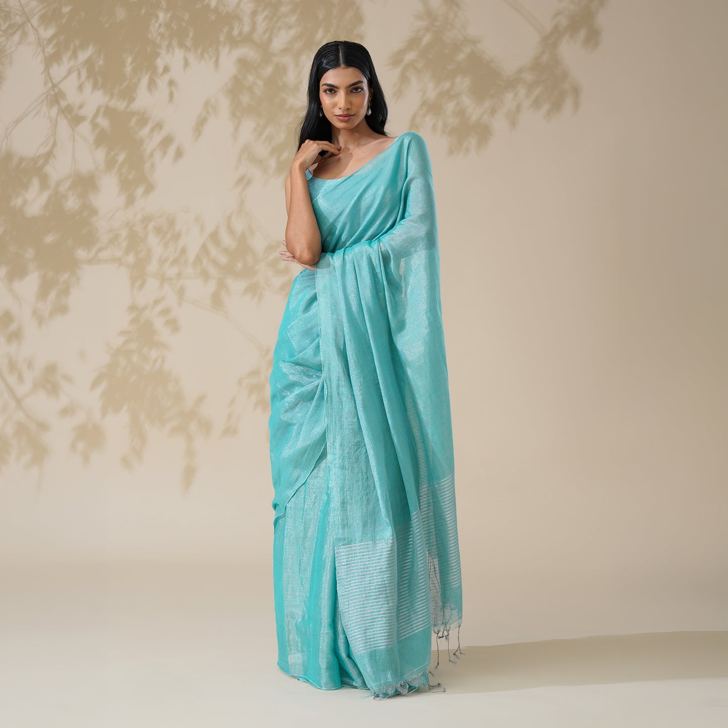 Firozi Tissue Linen Zari Saree | With Blouse Piece
