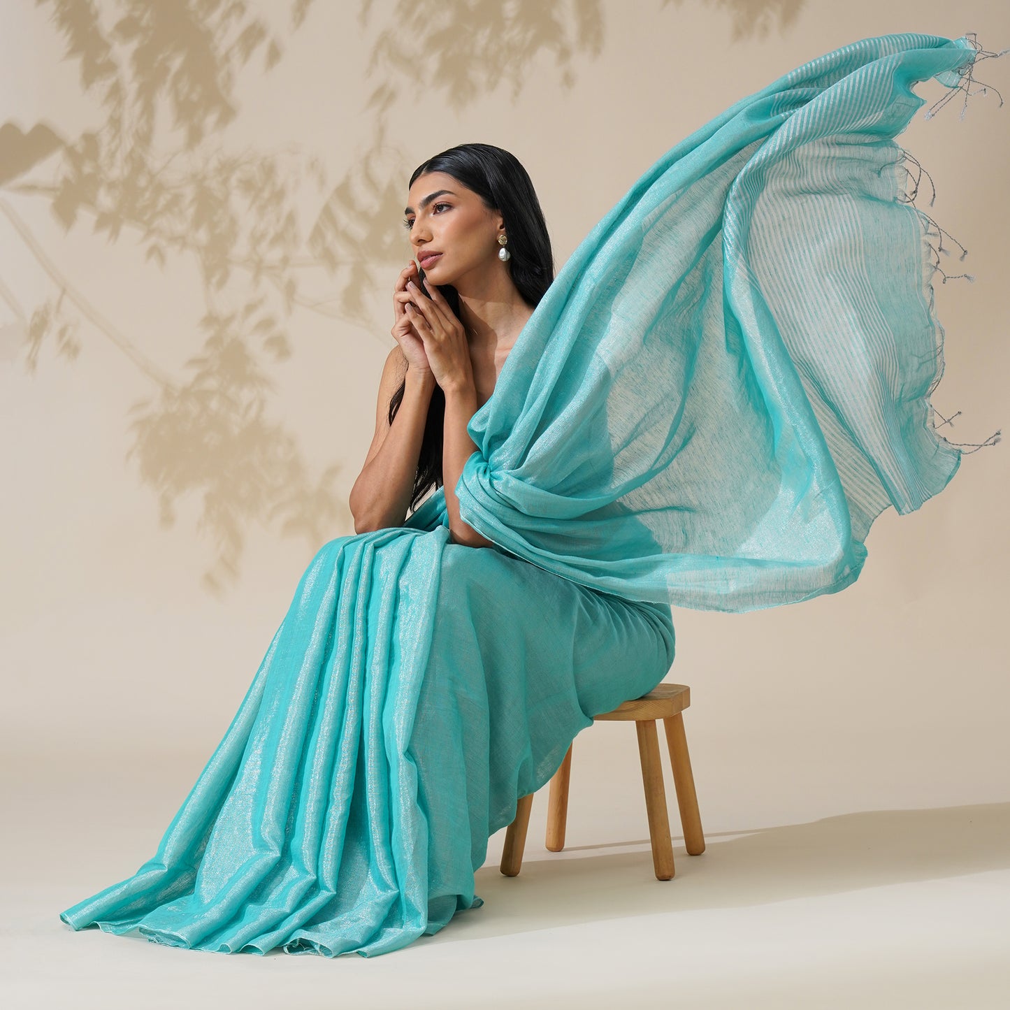 Firozi Tissue Linen Zari Saree | With Blouse Piece