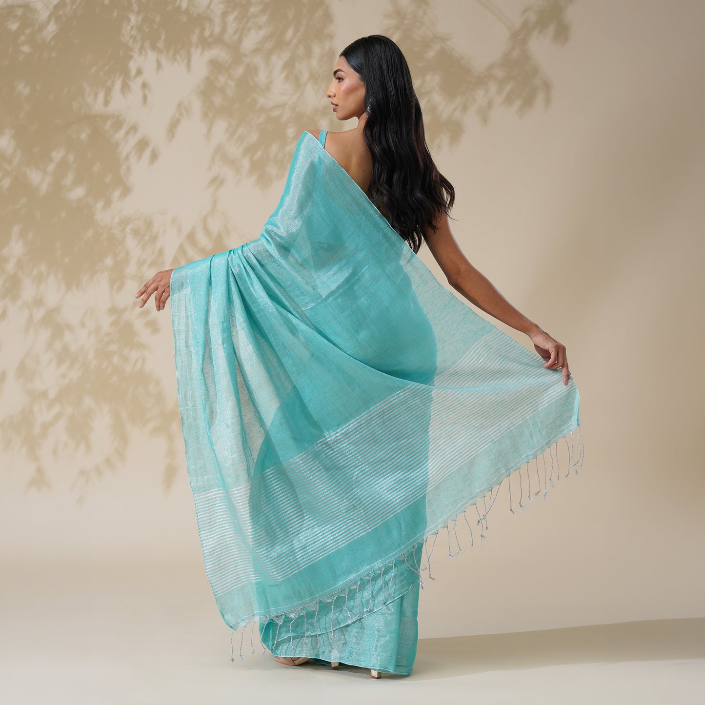 Firozi Tissue Linen Zari Saree | With Blouse Piece