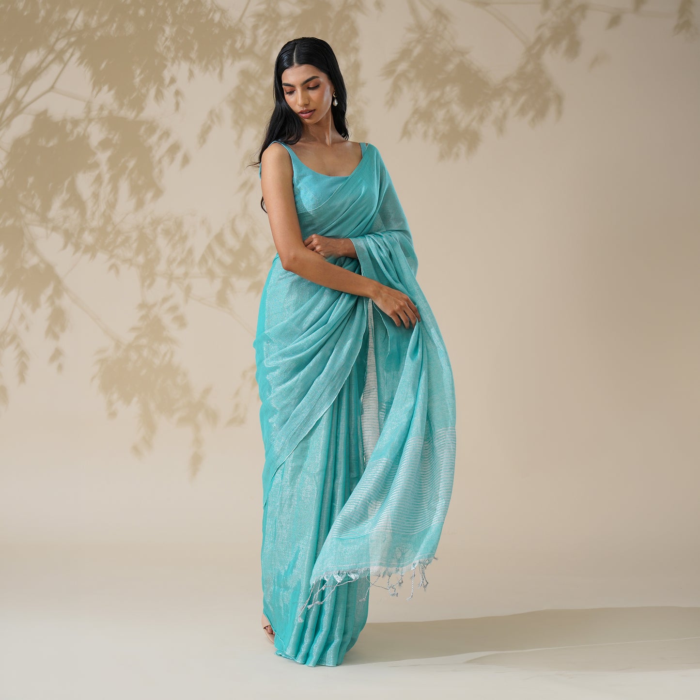 Firozi Tissue Linen Zari Saree | With Blouse Piece