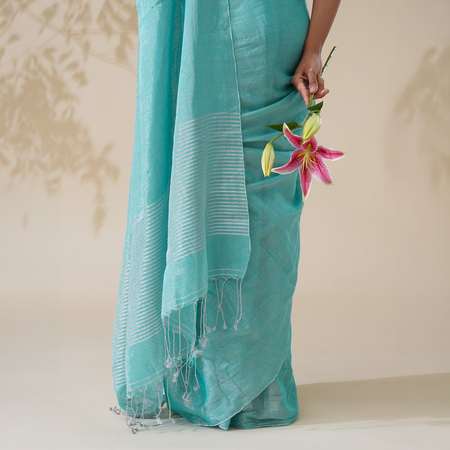 Firozi Tissue Linen Zari Saree | With Blouse Piece