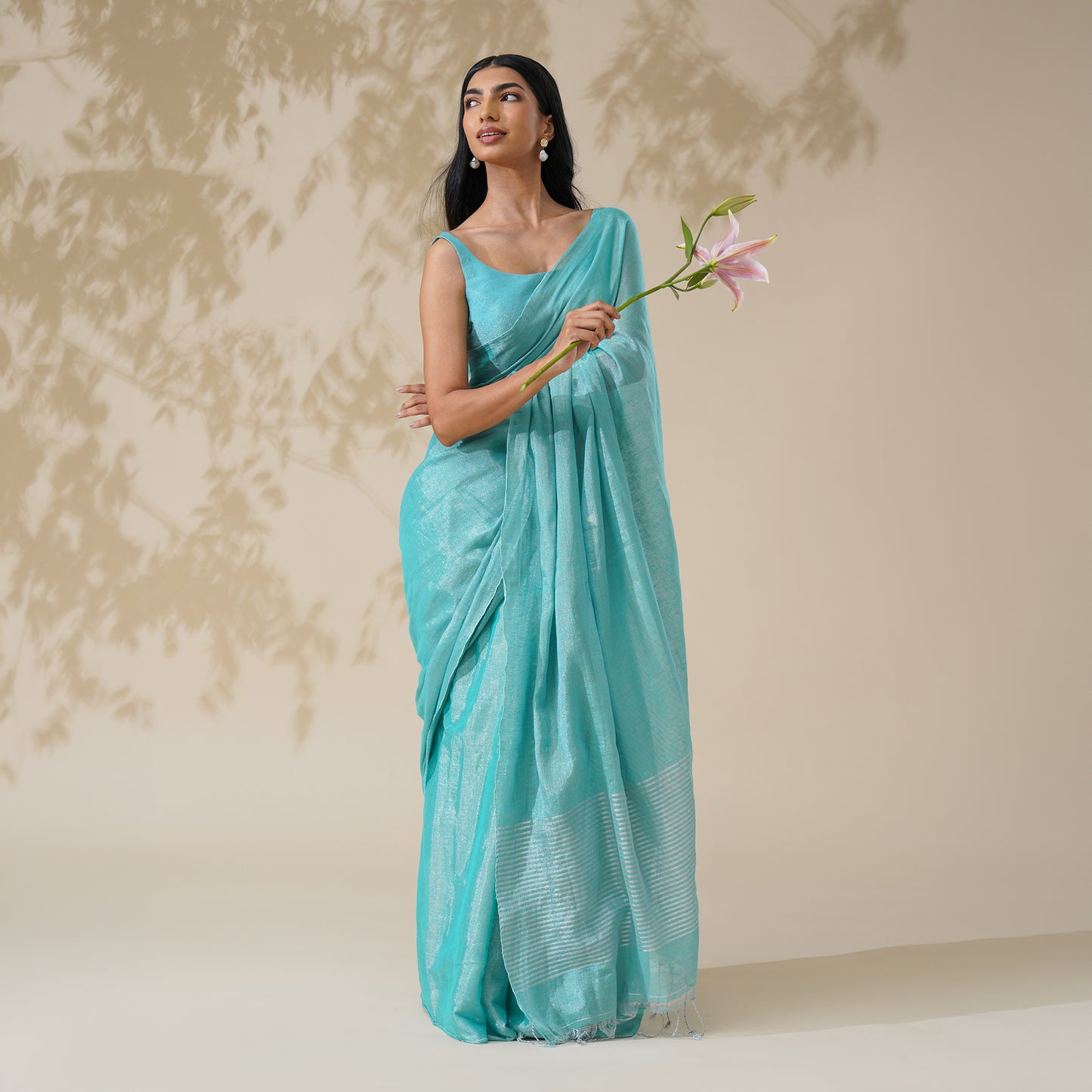 Firozi Tissue Linen Zari Saree | With Blouse Piece