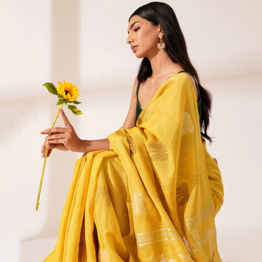 Neem Tissue Linen Silk Saree in Yellow