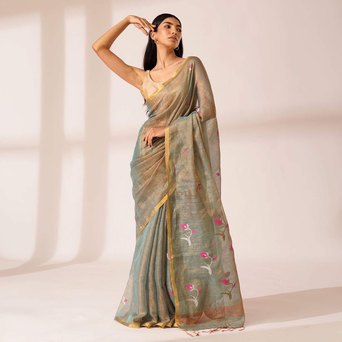 Baag Tissue Linen Silk Saree in Sage Green | With Blouse Piece