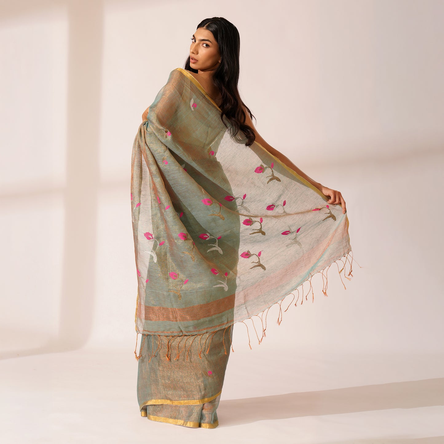 Baag Tissue Linen Silk Saree in Sage Green | With Blouse Piece