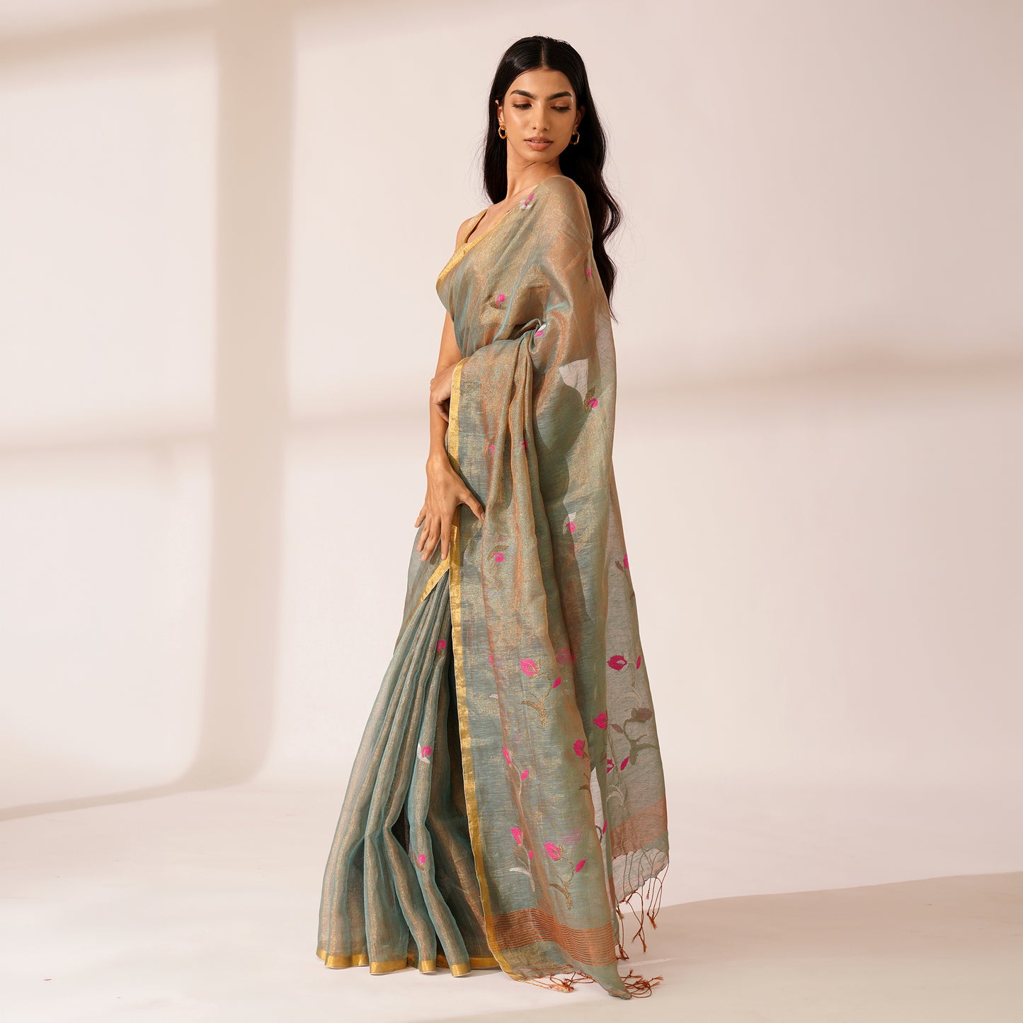 Baag Tissue Linen Silk Saree in Sage Green | With Blouse Piece