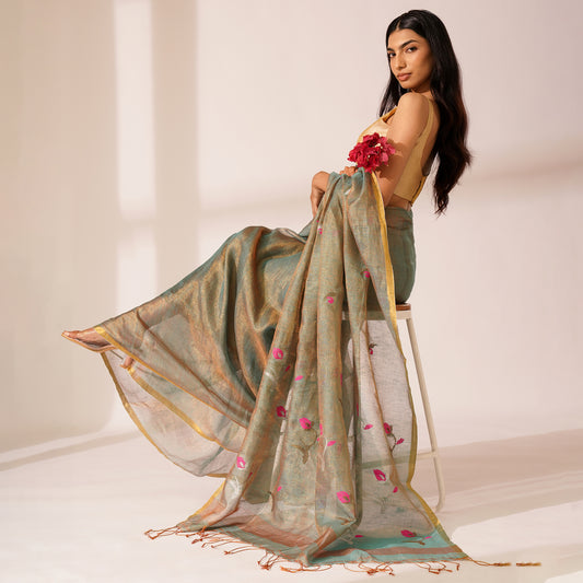 Baag Tissue Linen Silk Saree in Sage Green