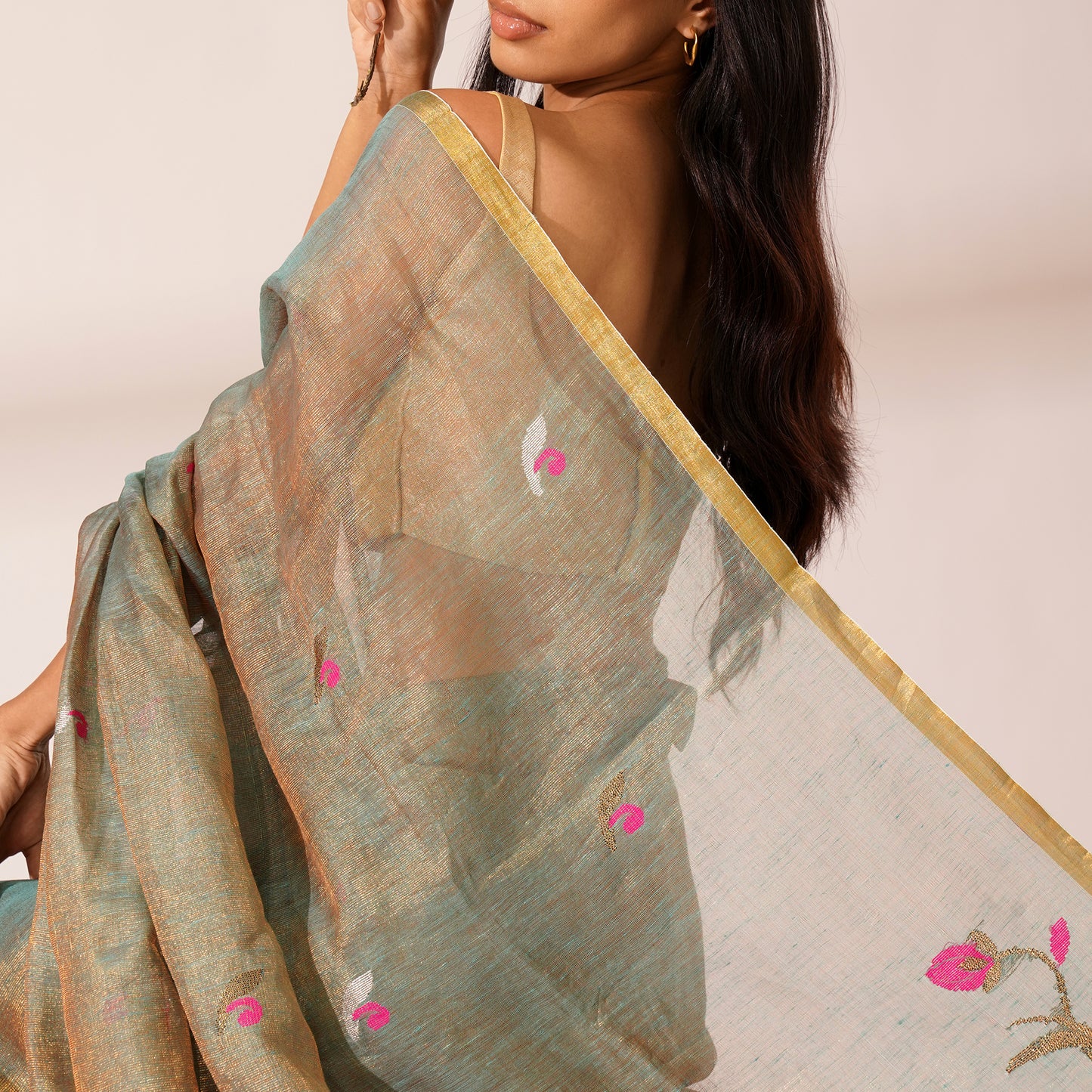 Baag Tissue Linen Silk Saree in Sage Green | With Blouse Piece