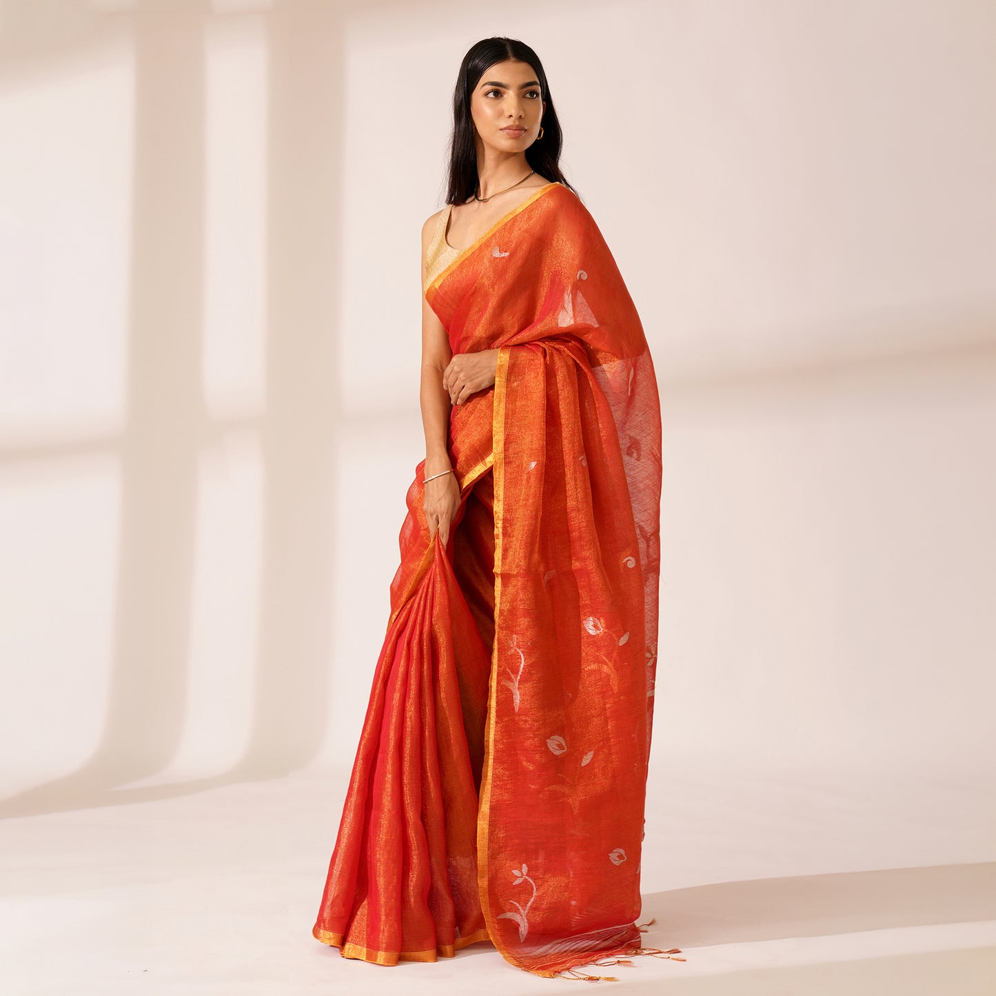 Aangan Tissue Linen Saree in Terracotta Orange | With Blouse Piece
