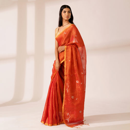 Aangan Tissue Linen Saree in Terracotta Orange | With Blouse Piece