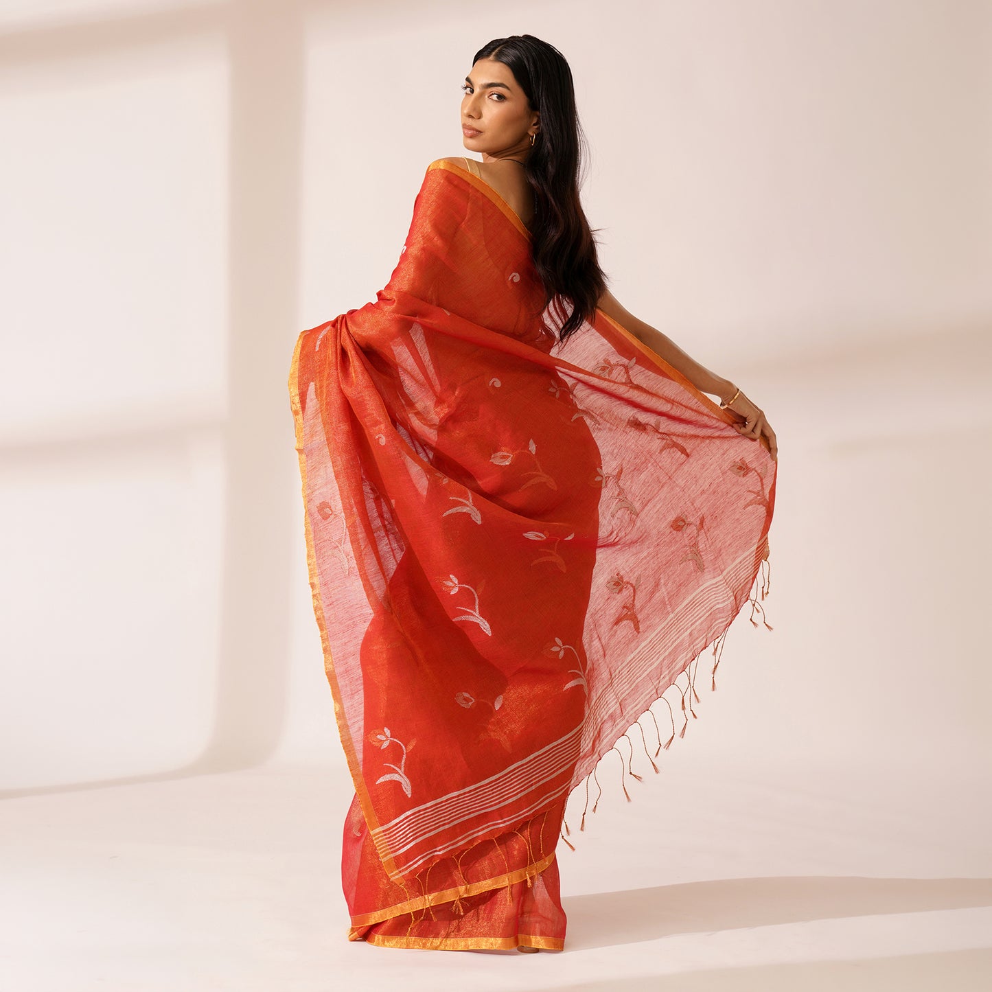 Aangan Tissue Linen Saree in Terracotta Orange | With Blouse Piece