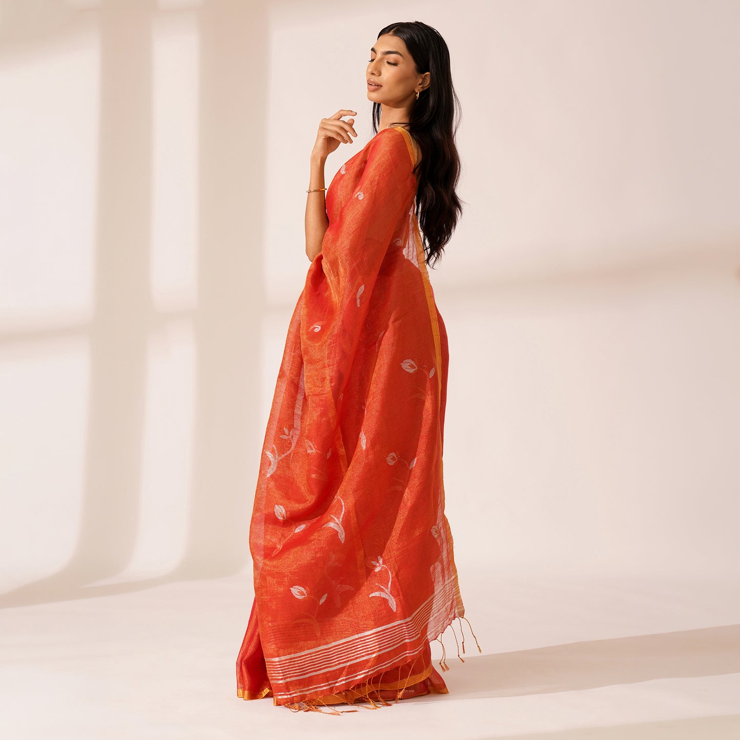 Aangan Tissue Linen Saree in Terracotta Orange | With Blouse Piece