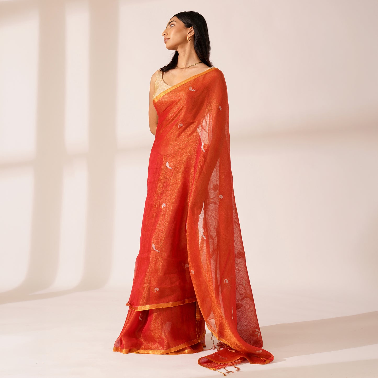 Aangan Tissue Linen Saree in Terracotta Orange | With Blouse Piece