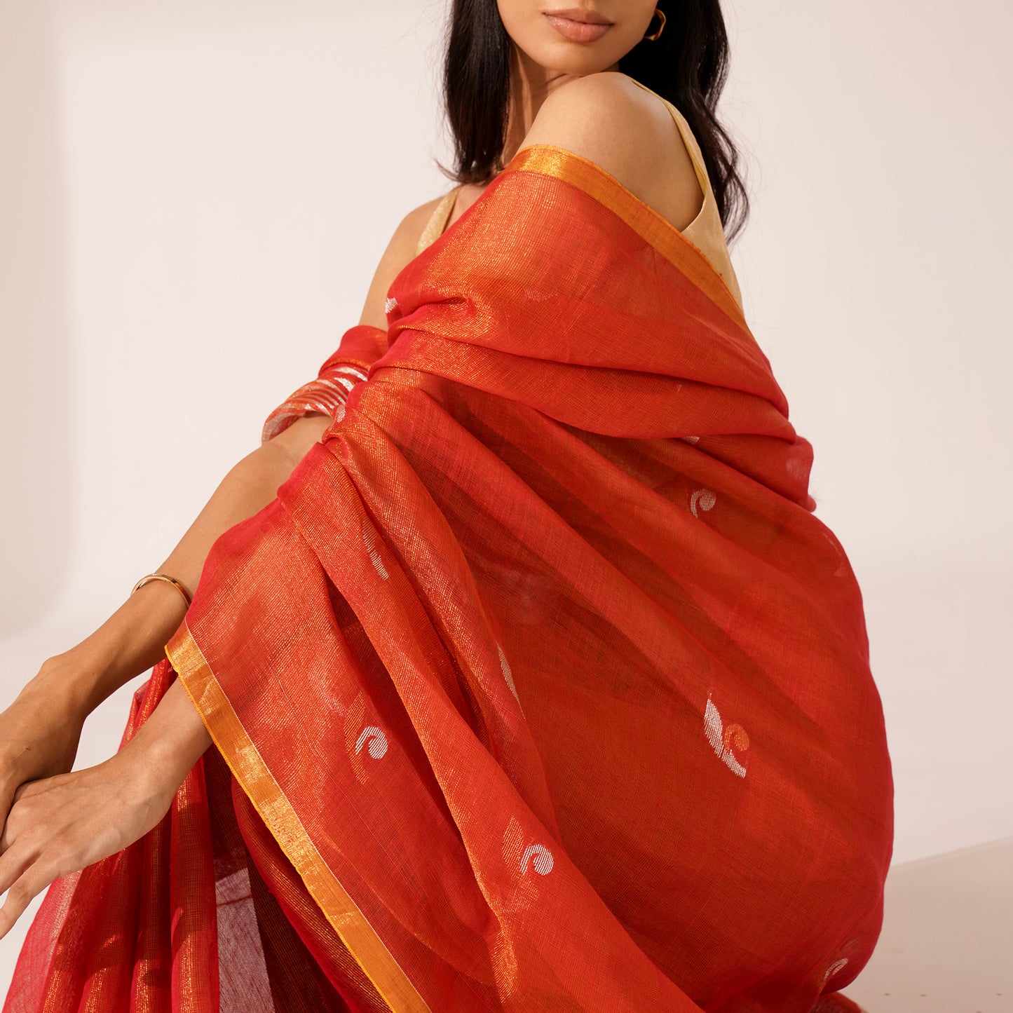 Aangan Tissue Linen Saree in Terracotta Orange | With Blouse Piece