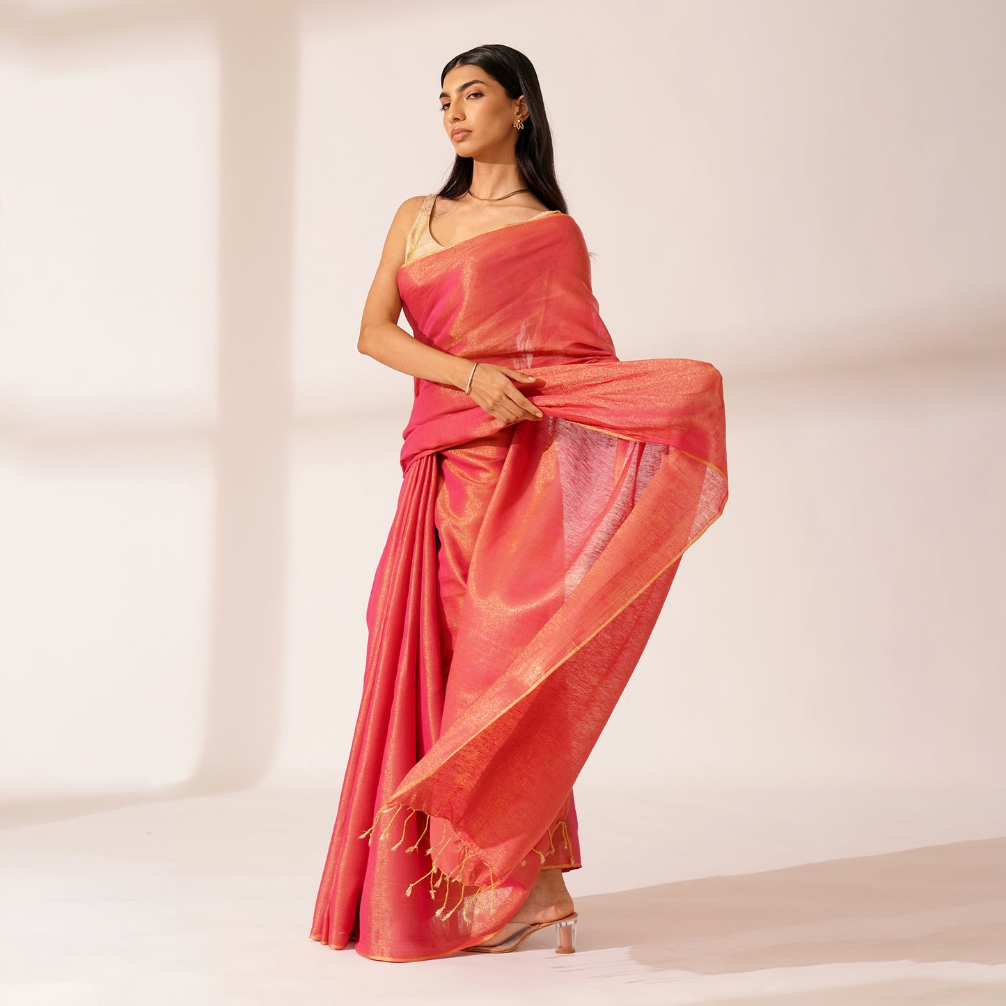 Gajari Tissue Linen Zari Saree (With Blouse Piece)