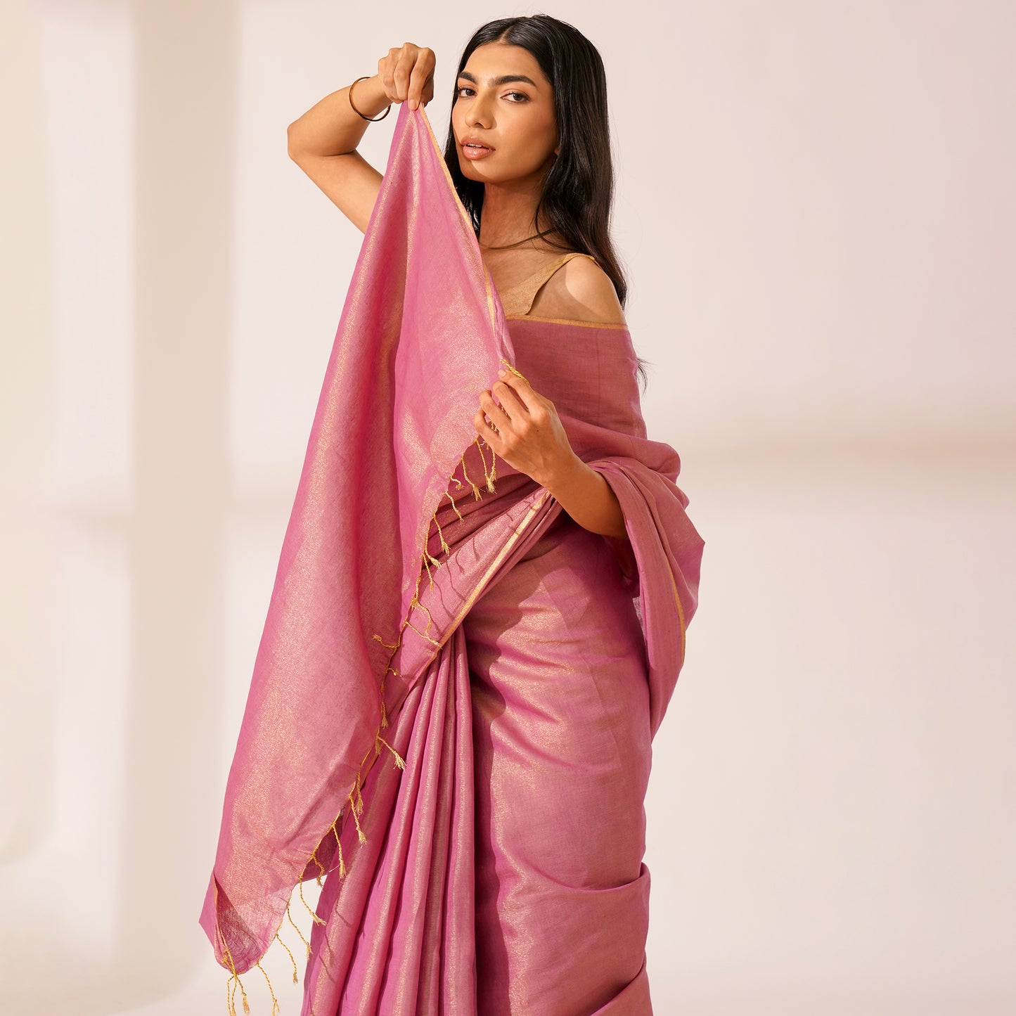Pyaazi Tissue Linen Zari Saree | With Blouse Piece