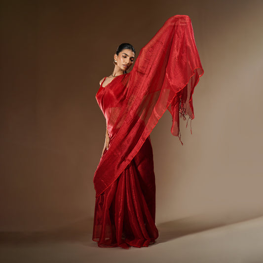 Laali Tissue Cotton Saree in Red