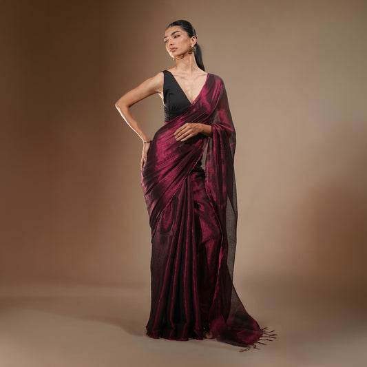 Merlot Tissue Cotton Saree in Deep Wine