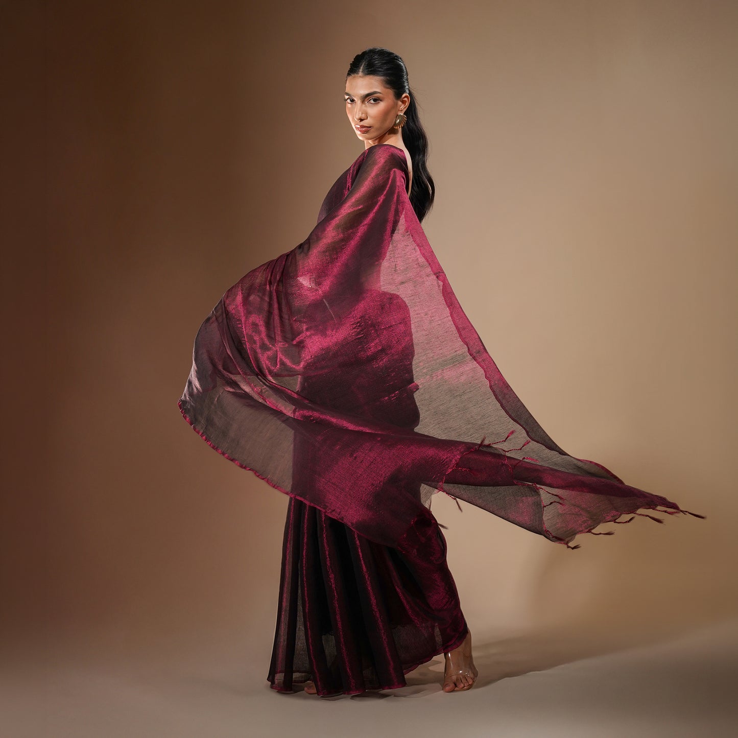 Merlot Tissue Cotton Saree in Deep Wine