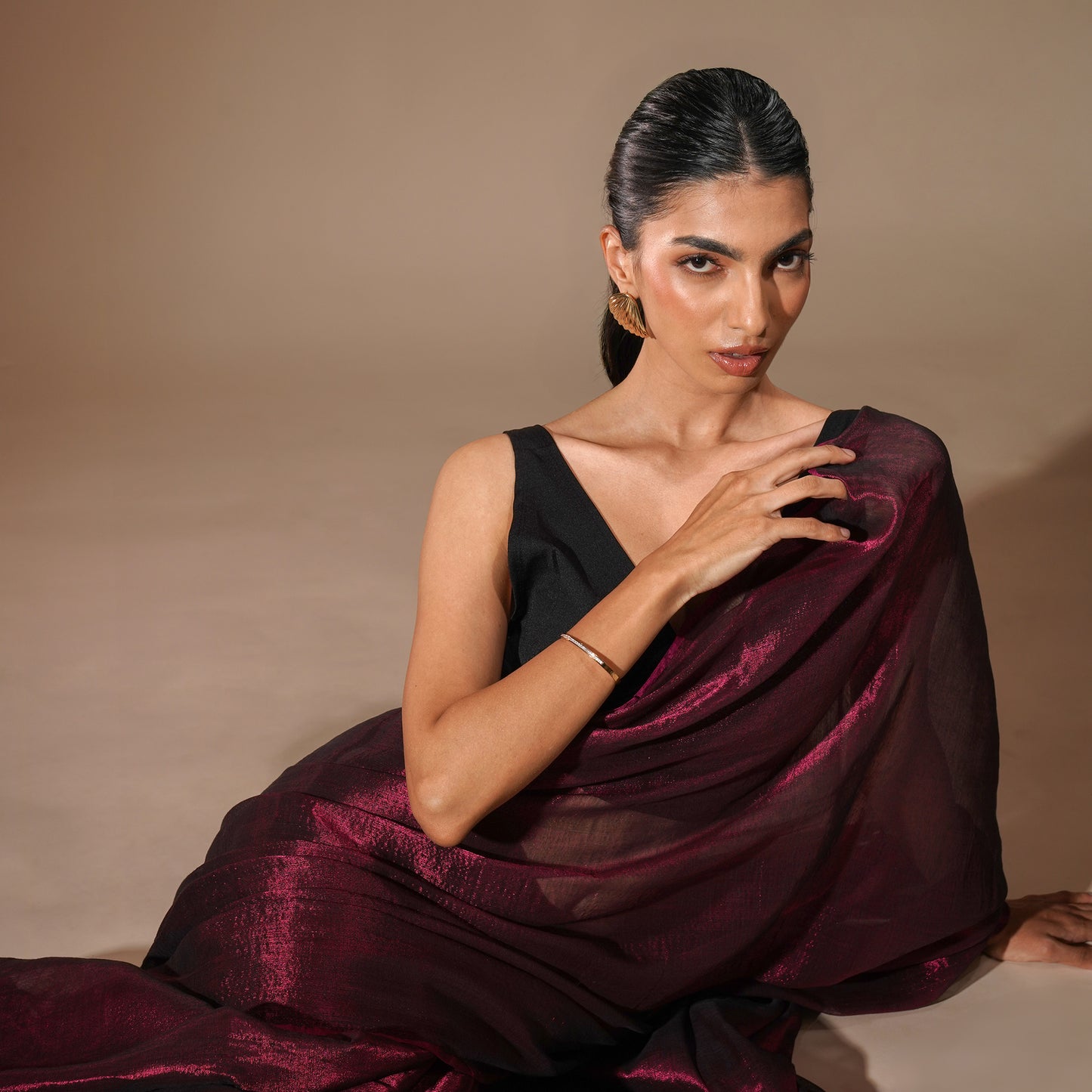 Merlot Tissue Cotton Saree in Deep Wine