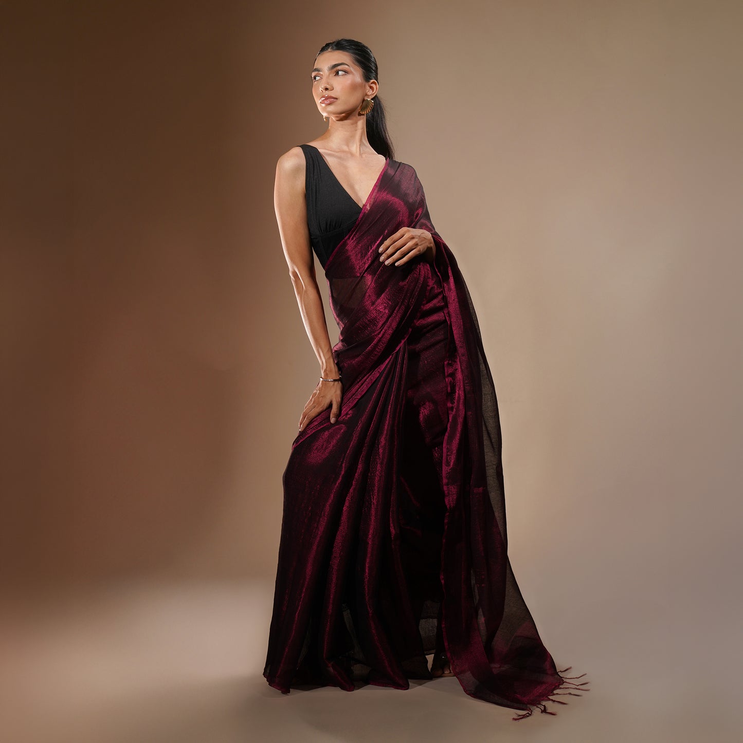 Merlot Tissue Cotton Saree in Deep Wine