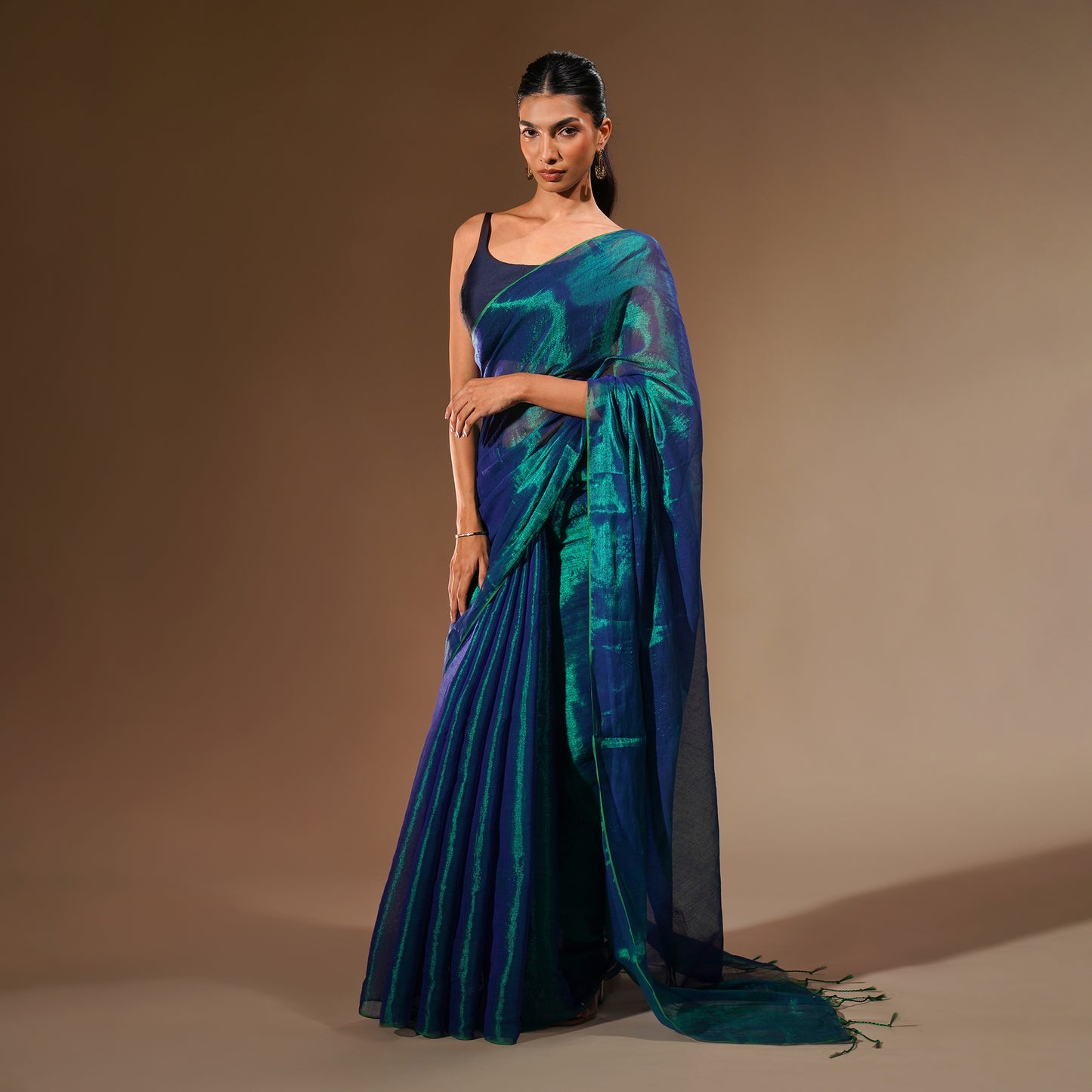 Neela Tissue Cotton Saree in Dual Tone Teal and Navy | With Blouse Piece