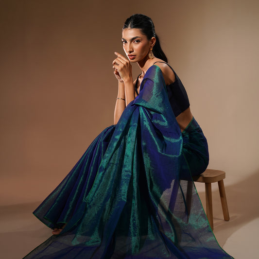 Neela Tissue Cotton Saree in Dual Tone Teal and Navy