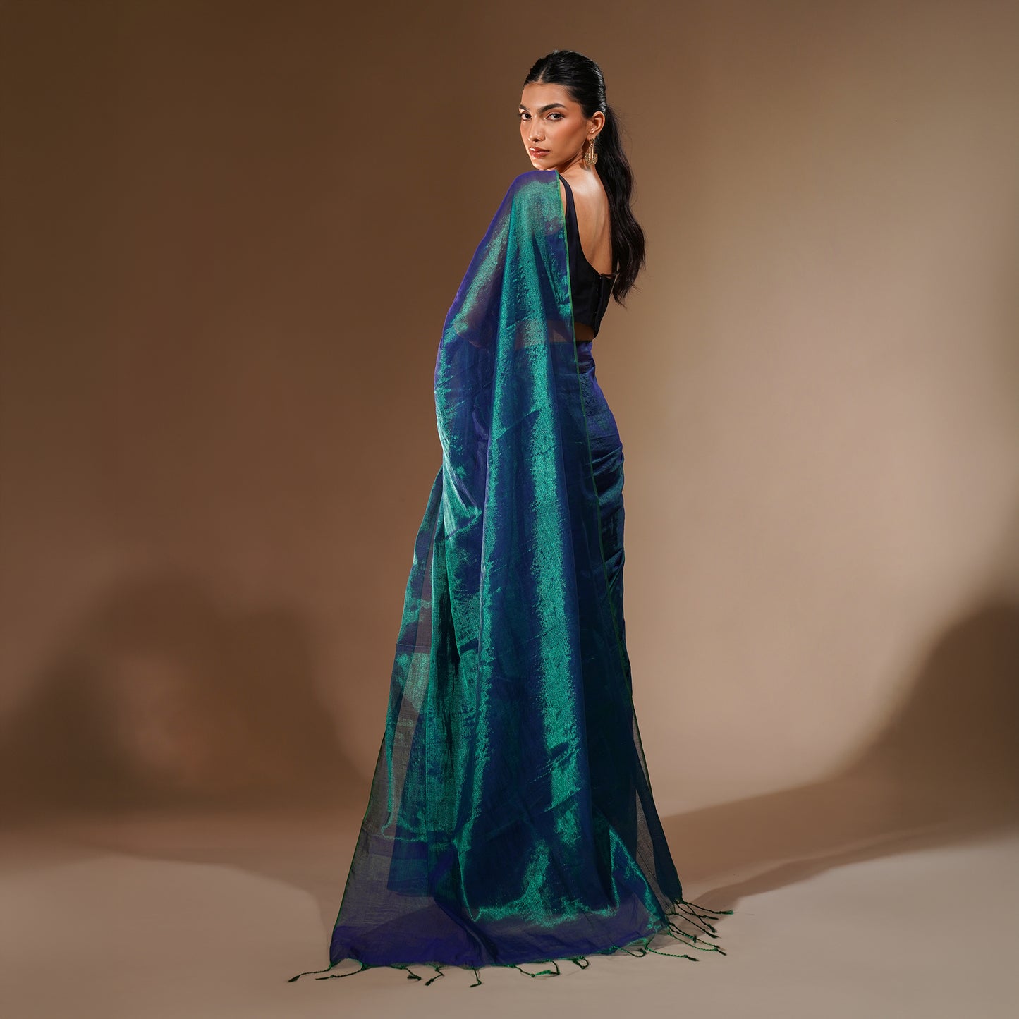Neela Tissue Cotton Saree in Dual Tone Teal and Navy | With Blouse Piece
