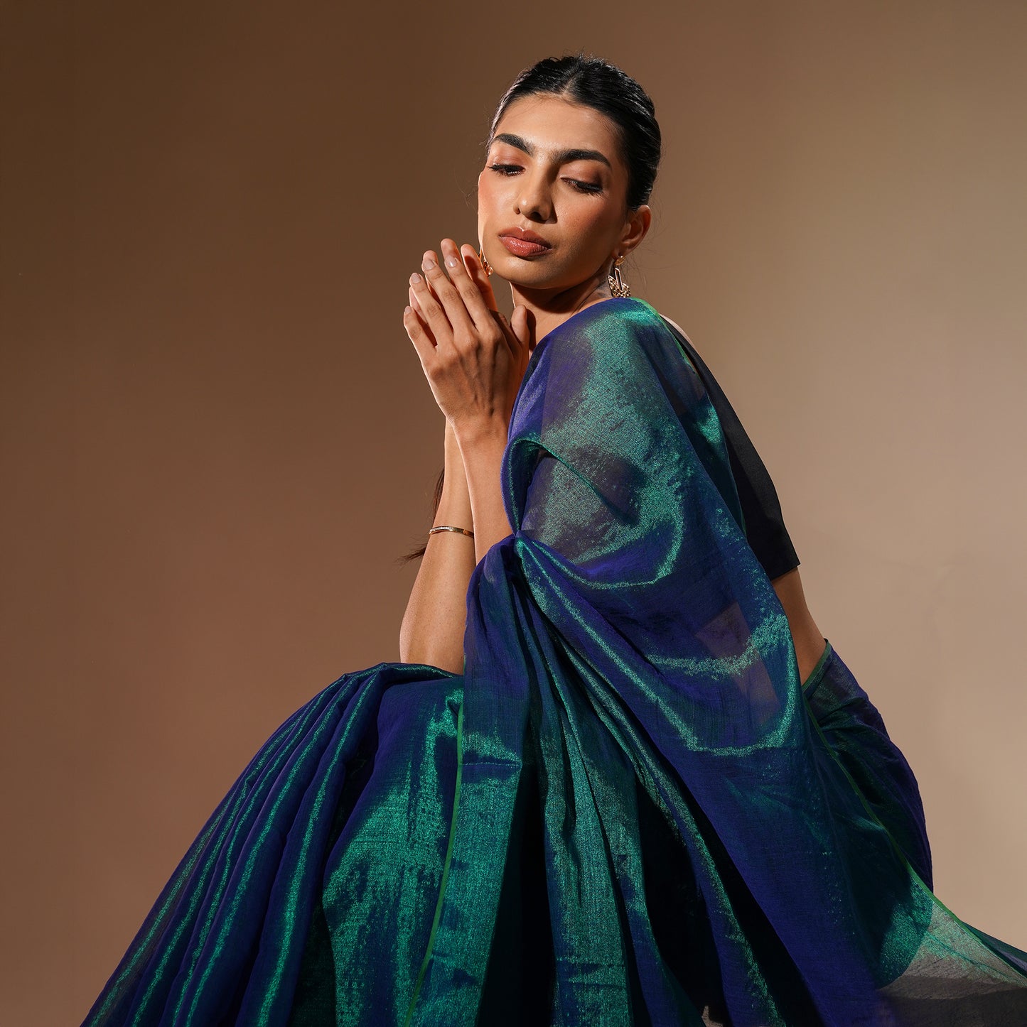Neela Tissue Cotton Saree in Dual Tone Teal and Navy | With Blouse Piece
