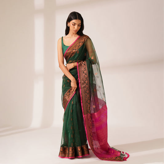 Gulshan Muslin Benarasi Saree in Green | With Blouse Piece