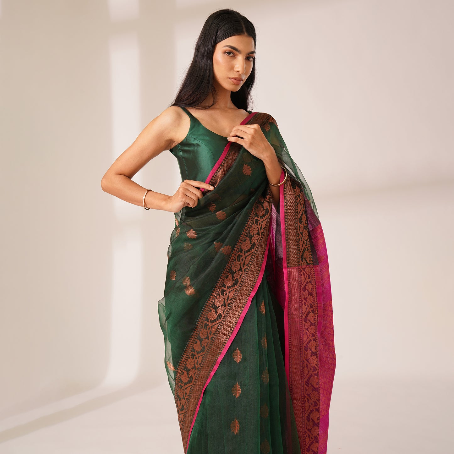 Gulshan Muslin Benarasi Saree in Green | With Blouse Piece