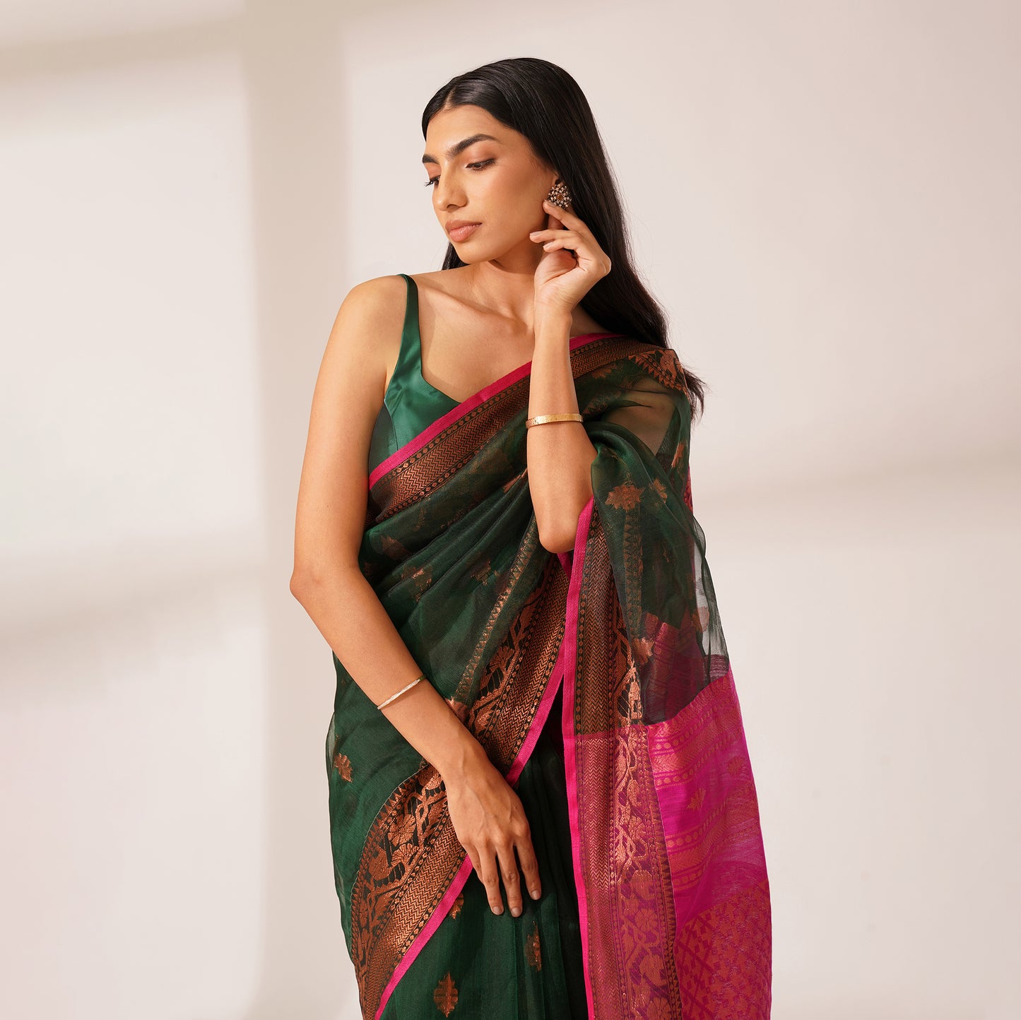 Gulshan Muslin Benarasi Saree in Green | With Blouse Piece