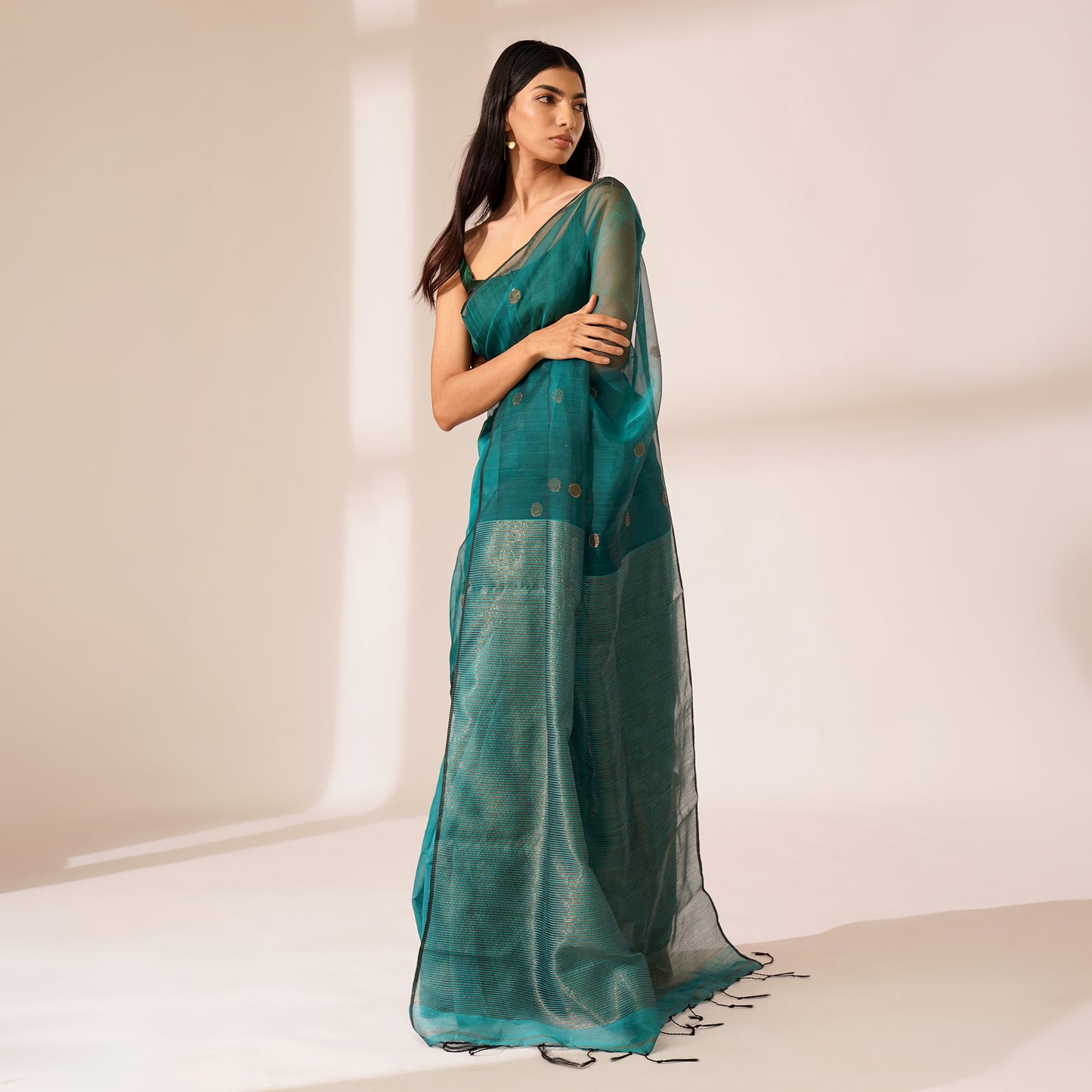Mor Tissue Linen Saree in Deep Teal | With Blouse Piece