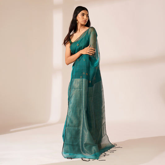 Mor Tissue Linen Saree in Deep Teal