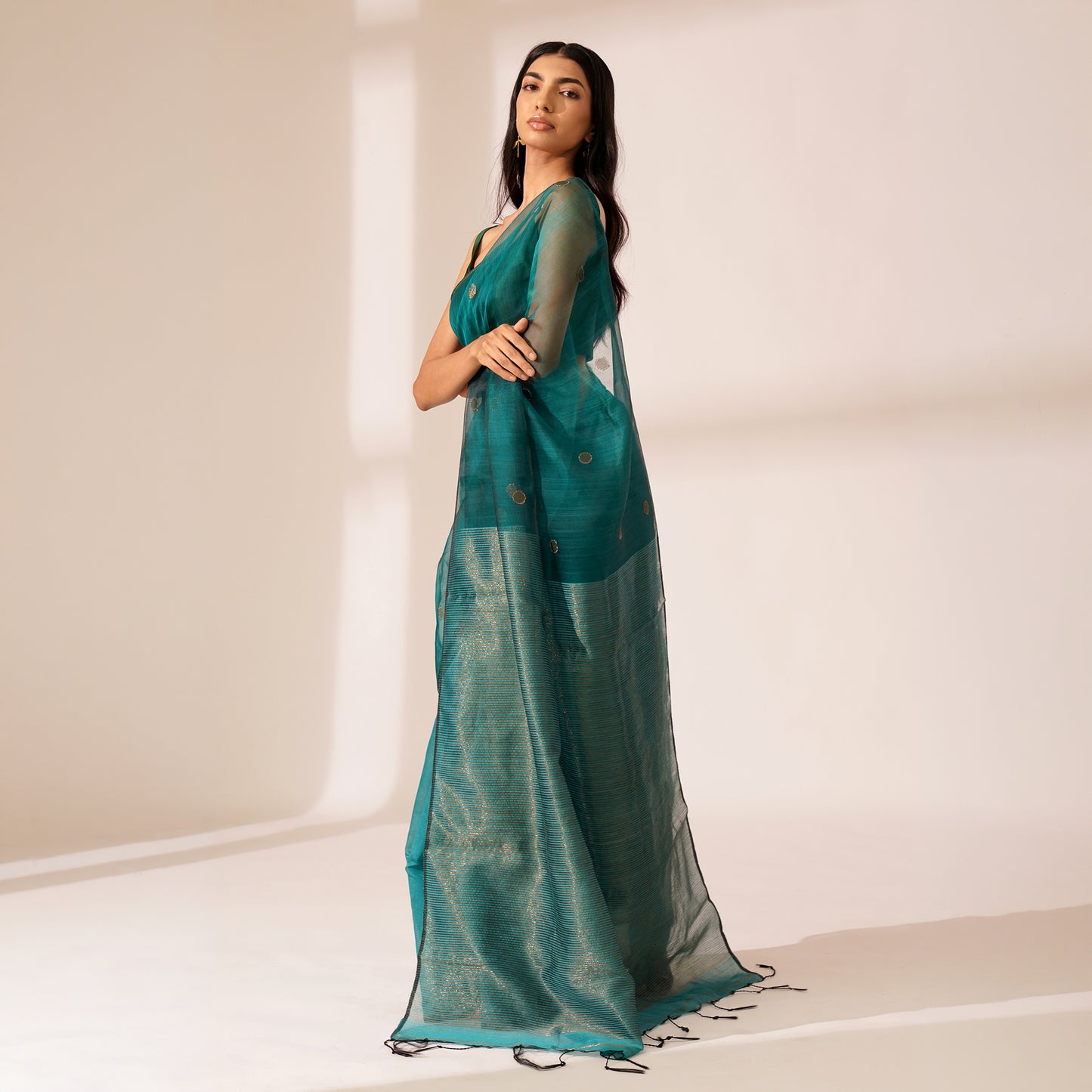 Mor Tissue Linen Saree in Deep Teal | With Blouse Piece