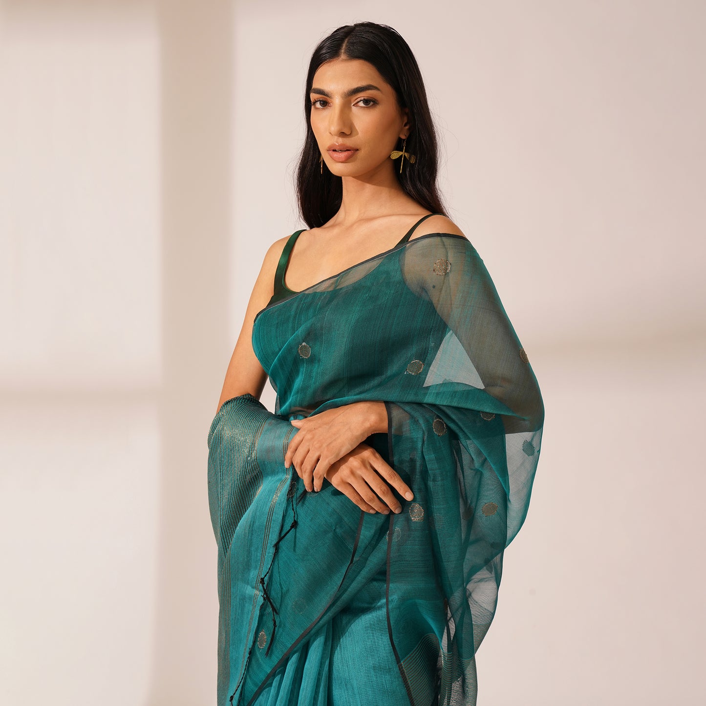 Mor Tissue Linen Saree in Deep Teal | With Blouse Piece